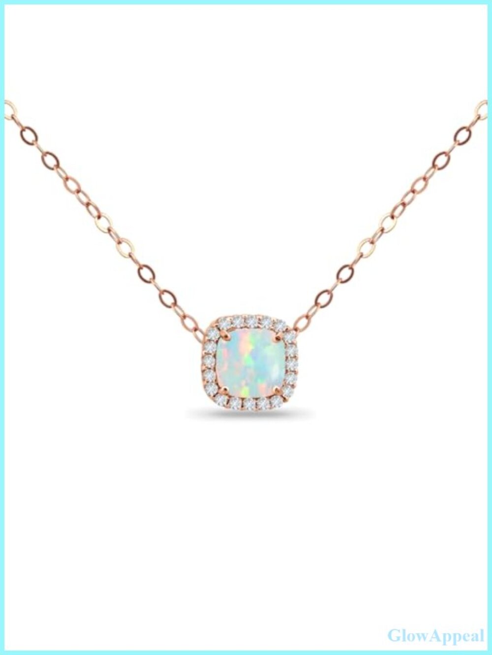 Cushion Cut White Opal Pendant Necklace Rose Gold Flashed Sterling Silver 15